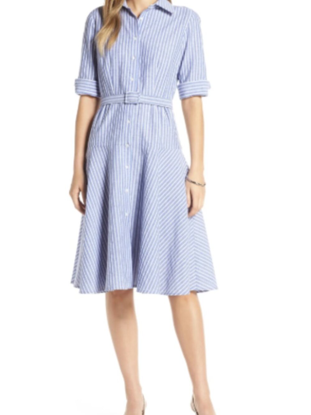1901 Stripe Belted Shirtdress Sz 4 Petite - Picture 2 of 16